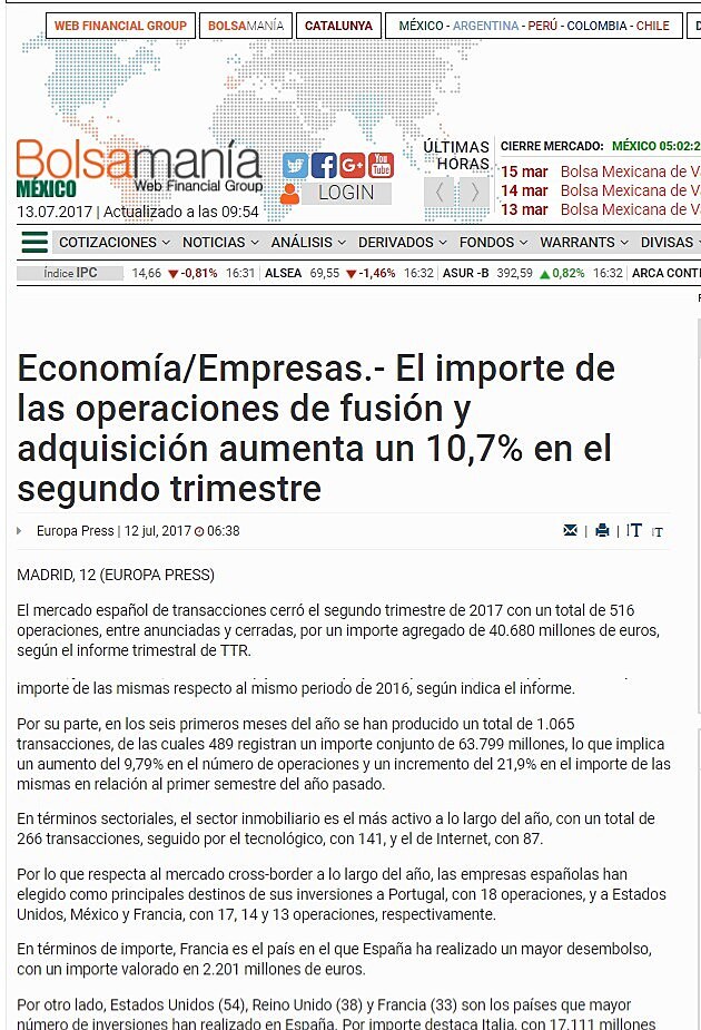 El importe de las operaciones de fusin y adquisicin aumenta un 10,7% en el segundo trimestre